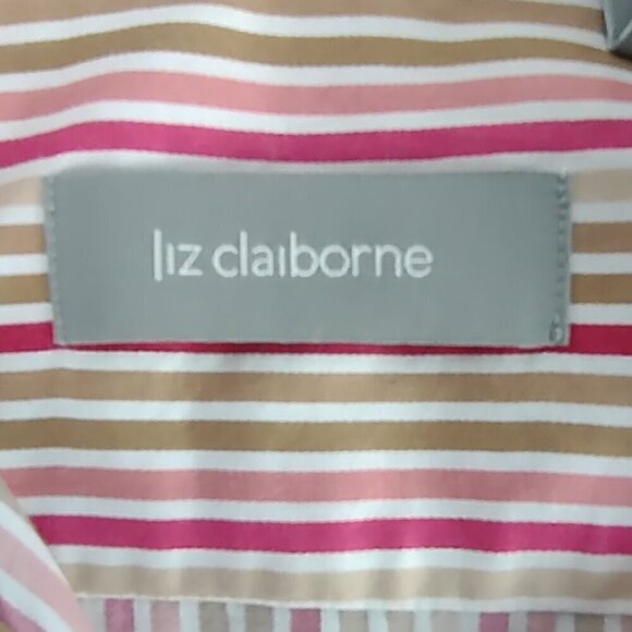 Liz Claiborne 100% Cotton White Tan Pink Striped Button Down Shirt Size Petite M - Picture 11 of 14